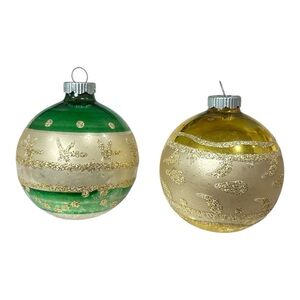 Vintage Shiny Brite Mercury Glass Stripes Stencil Ornament Balls 2.5” Gold Green